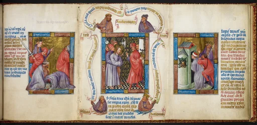 Trois scènes représentant « Le meurtre des prophètes », « Le Christ devant Pilate » et « L