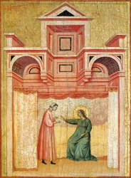 Cécile persuadant son mari Valérien de se faire baptiser, détail du retable représentant la Légende de sainte Cécile, vers 1304, par Maître de Sainte Cécile