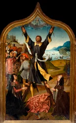 Triptyque : le martyre de Saint André. Peinture du maître de San Lorenzo. Parrocchia di San Lorenzo della Costa, Santa Margherita Ligure (Gênes)