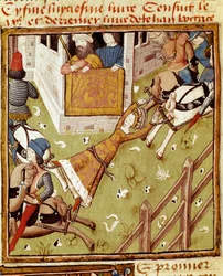 Le supplice de Brunehaut : Brunehaut ou Brunehilde (543-613), prisonnière de Clotaire II, est écartelée par des chevaux qui tirent ses membres de chaque côté - Miniature du Maître du Champion des Dames, tirée du manuscrit « Des hommes illustres », XVe
