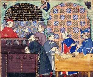 Avarice. Une miniature avec des scènes de banque
