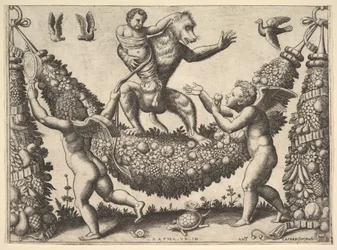 Un singe tenant un putto lié debout sur une guirlande devant laquelle se trouvent deux ailes..., 1530-60
