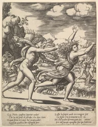 Apollon poursuivant Daphné qui lève les bras