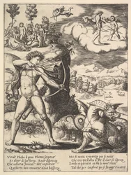 Apollon debout à gauche tirant une flèche sur un python, en haut à gauche la muse...