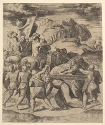 Le Christ portant la croix entouré de soldats, plusieurs à cheval, 1530-1560