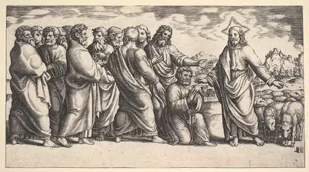 Christ indiquant à un troupeau de moutons, devant lui Saint Pierre à genoux