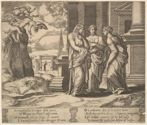 Planche 15 : Psyché racontant ses malheurs à ses sœurs, de La Fable de Psyché, 1530-60