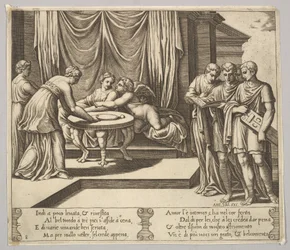 Planche 8 : Psyché assise à une table et servie par des serviteurs invisibles, Éros à côté, 1530-60