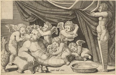 Speculum Romanae Magnificentiae : Bacchus entouré de putti avec Priape tenant..., XVIe siècle