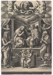 Le couronnement de la Vierge, en bas à gauche se tient saint Jean-Baptiste, en bas à droite..., 1530-60.