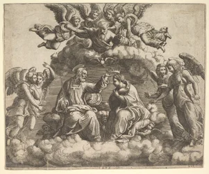 Le couronnement de la Vierge, le Christ tenant la couronne au-dessus de sa tête, Dieu le Père bénit..., 1532.