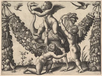 Trois putti devant une grande guirlande, celui du milieu monte une autruche, ca. 1530-40