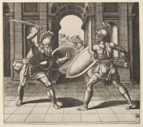 Deux gladiateurs se battant devant une arche