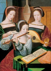 Néerlandais : Musicerend gezelschap Femmes musiciennes / Trois femmes jouant de la musique