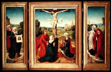 Triptyque avec le panneau central représentant la Crucifixion avec la Vierge, Saint Jean et Marie-Madeleine; l