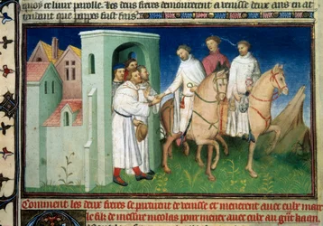 Matteo et Niccolo, les frères Polo quittant Venise. Miniature tirée du Livre des Merveilles par Marco Polo (1254-1324) enluminée par le Maître de Mazarine, vers 1410-1412. BN, Paris