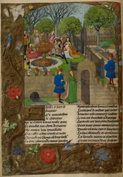 Luthiste et chanteurs dans un jardin clos. L