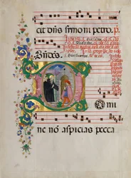 Feuille de manuscrit avec Saint Benoît ressuscitant un garçon dans une initiale D, d