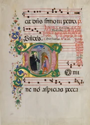 Feuille de manuscrit avec Saint Benoît ressuscitant un garçon dans une initiale D..., seconde moitié du 15ème siècle