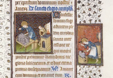 Ms 62 f.215r St. Éloi fabriquant un sanctuaire; St. Éloi à une enclume, d