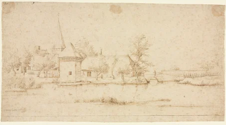 Paysage avec un village entouré de douves