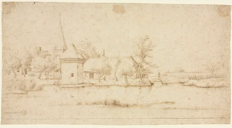 Paysage avec un village entouré de douves