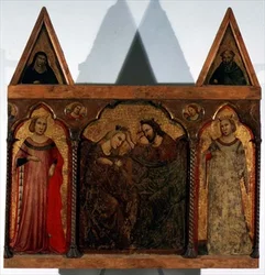 Triptyque : Couronnement de la Vierge flanqué de deux saints