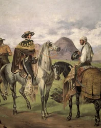 Charros (cavaliers mexicains) vêtus de vêtements fantaisie. Œuvre de Mateo Saldana (20ème siècle)