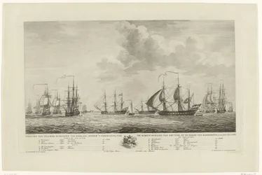 Flotte de guerre néerlandaise devant Rammekens, 1782-1783 Vue des navires de guerre du pays, sous le commandement du contre-amiral Van Kruyne, en rade de Rammekens, en 1782 et 1783