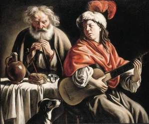 Un jeune homme jouant de la guitare et un vieil homme jouant de la flûte dans un intérieur