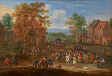 Paysage de village, avec la procession du bœuf de Pâques, vers 1650-90 (huile sur panneau)