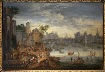 Vue de Paris avec le Pont Neuf. Peinture attribuée à Mathieu Schoevaerdts (fin du 17e siècle), huile sur toile