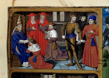 Scènes de la vie de Charlemagne (742-814), roi des Francs : le couronnement par le pape Léon III. Miniature tirée du manuscrit « Speculum historiale » (Le Miroir historial) de Vincent de Beauvais (1184/94-1264), enluminé par Maître François (15)