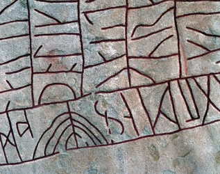 Détail de la pierre runique à Rök, Östergötland, Suède