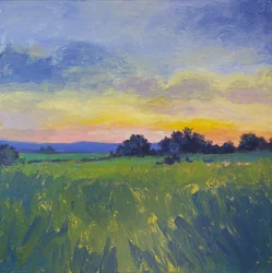 Coucher de soleil sur un champ aux couleurs vives