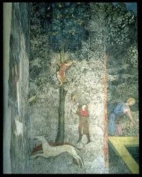 Chiens de chasse et hommes grimpant à un arbre (détail du schéma décoratif de La Chambre du Cerf)