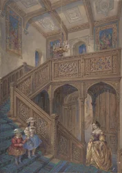 Design pour un escalier de style jacobéen (recto), Élément architectural (verso), vers 1867