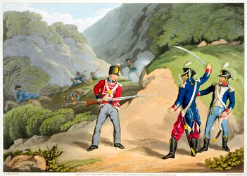 Un soldat britannique capturant deux officiers français à la bataille des Pyrénées, 1813-1816