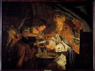 Ponce Pilate (Pontius Pilatius) se lavant les mains. Ponce Pilate (10 av. J.-C.-39 apr. J.-C.), préfet de Judée, jugeant inutile de condamner Jésus-Christ, se lave les mains pour signifier son désaccord - Peinture de Mathias Stomer (Matthias Stom)