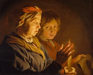 Vieille femme et un garçon à la lumière d