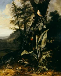 Un sol forestier avec un crapaud et un lézard, un bouvreuil sur une branche de lierre au-dessus, et une montagne au-delà