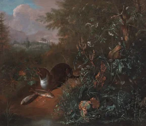 Nature morte forestière avec une loutre et deux poissons, vers 1650-1700 (huile sur toile)