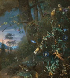 Nature morte au sol forestier avec une grenouille et un champignon, montagnes au-delà