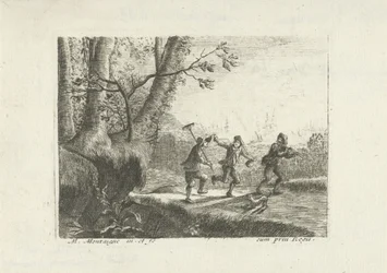 Paysage avec trois paysans dansant