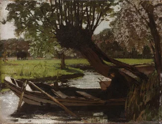 Bateau avec un saule têtard
