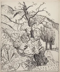 Arbre à flanc de montagne, vers 1930 (pinceau, encre et fusain sur papier vélin blanc cassé)