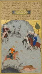 Bahram Gur à la chasse, Folio 10r du Haft Paikar Sept Portraits..., de Nizami, vers 1430