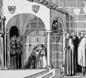 Le roi de France Saint Louis (Louis IX 1214-1270) en pèlerin visitant Saint Frère Gilles à Pérouse, gravé par Jacques Beltrand d