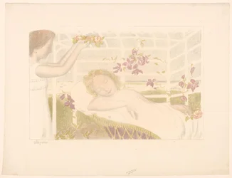 Fille endormie reçoit une couronne de fleurs (Allégorie) (Série: Représentations de l