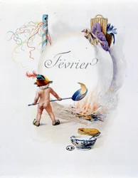 Février « La Chanson du mois » par Jérôme Doucet (Chandeleur), illustration - Maurice Leloir, éd. Reims 1904. L. Michaud